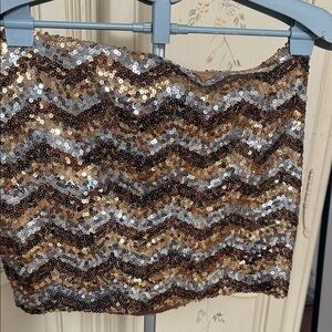Sequin Bebe 2b Chevron Mini Skirt bronze silver gold M